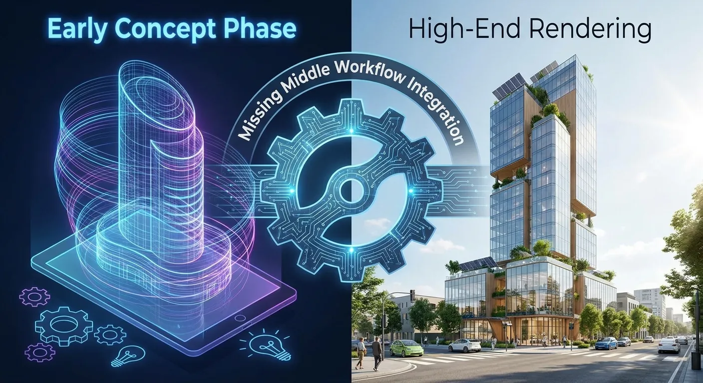 Links die frühe Konzeptphase als Drahtmodell, rechts das fertige High-End-Rendering – dazwischen die Workflow-Integration, die den „Missing Middle“ schließt.