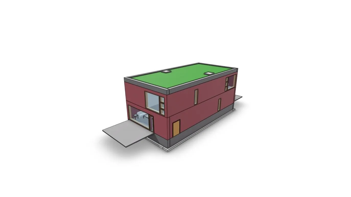 Das unbearbeitete Ausgangsmodell: ein einfacher SketchUp-Baukörper mit grünem Flachdach und roter Platzhalterfassade auf weißem Grund.