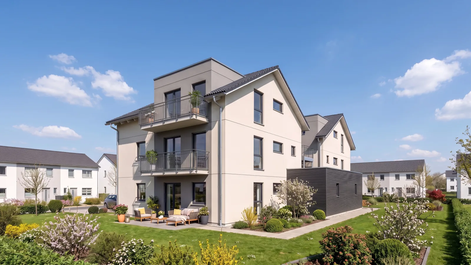 SchwörerHaus multi-family home – the previous rendering and the AI visualization with VisioPlan side by side.