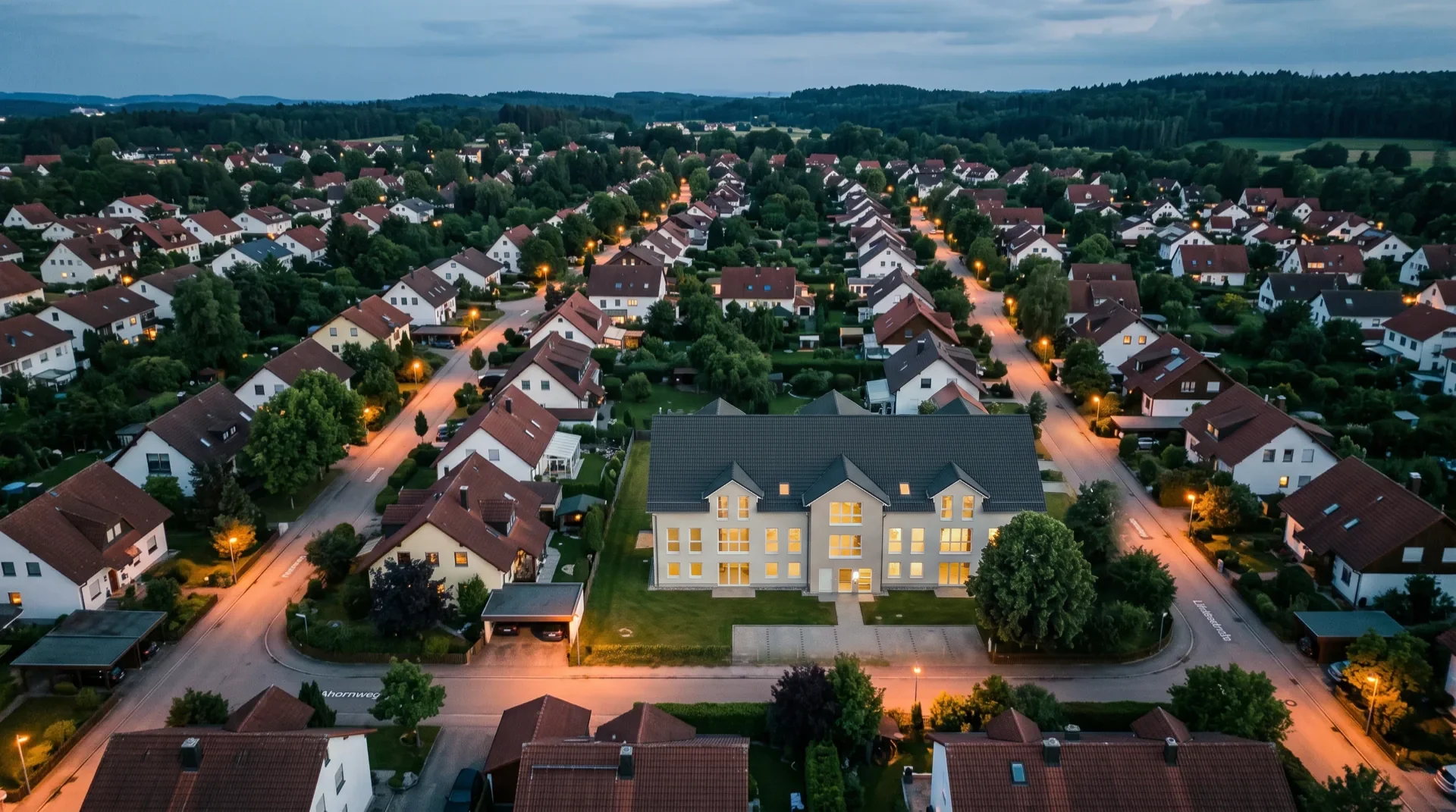 Photorealistic rendering of the design at its real location, embedded in the existing neighborhood