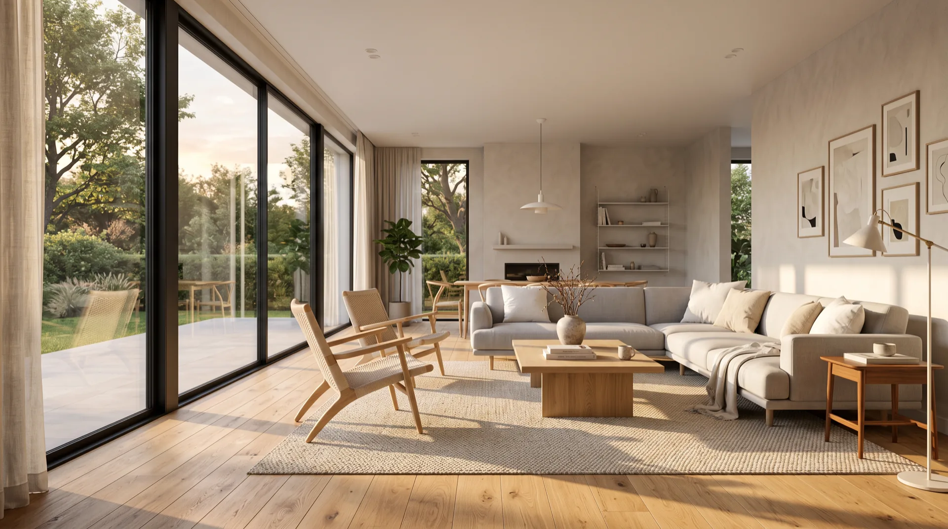 Photorealistic interior rendering of a modern living space in evening light