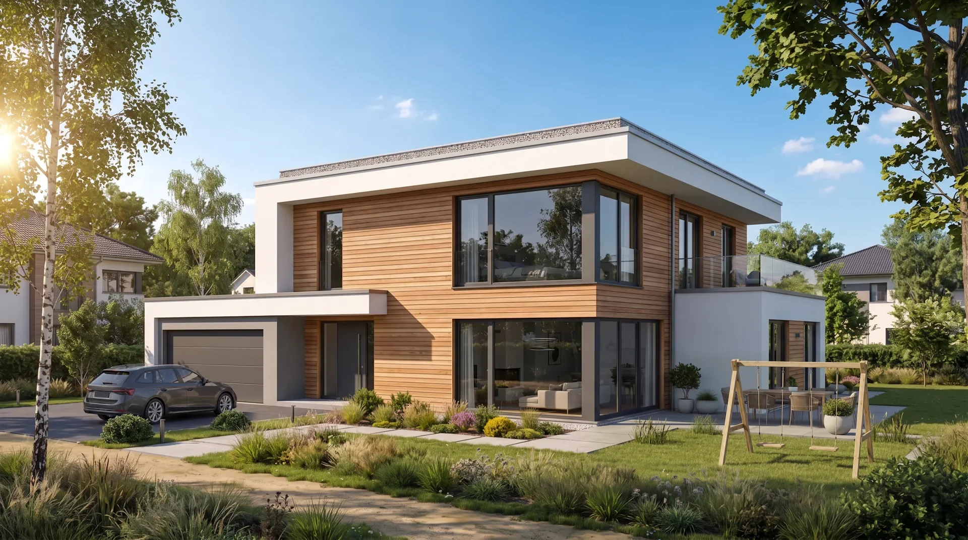 The same rendering after two targeted edits — a car on the driveway and a swing set in place of the pond; house, terrace and garden are unchanged